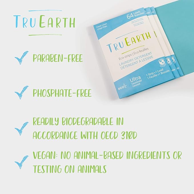 Tru Earth Compact Dry Laundry Detergent - Up to 128 Loads (64 Sheets) - Paraben-Free - Original Eco-Strip Liquidless Detergent, Travel - Fresh Linen | Packaging May Vary