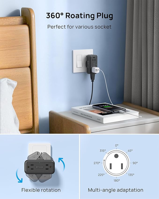 TROND 360 Rotating Outlet Adapter, Surge Protector Outlet Extender with 4 AC, 900 Joules Surge Protection, A Small Charging Station, Wall Plug Extender for Home Office Travel, Black