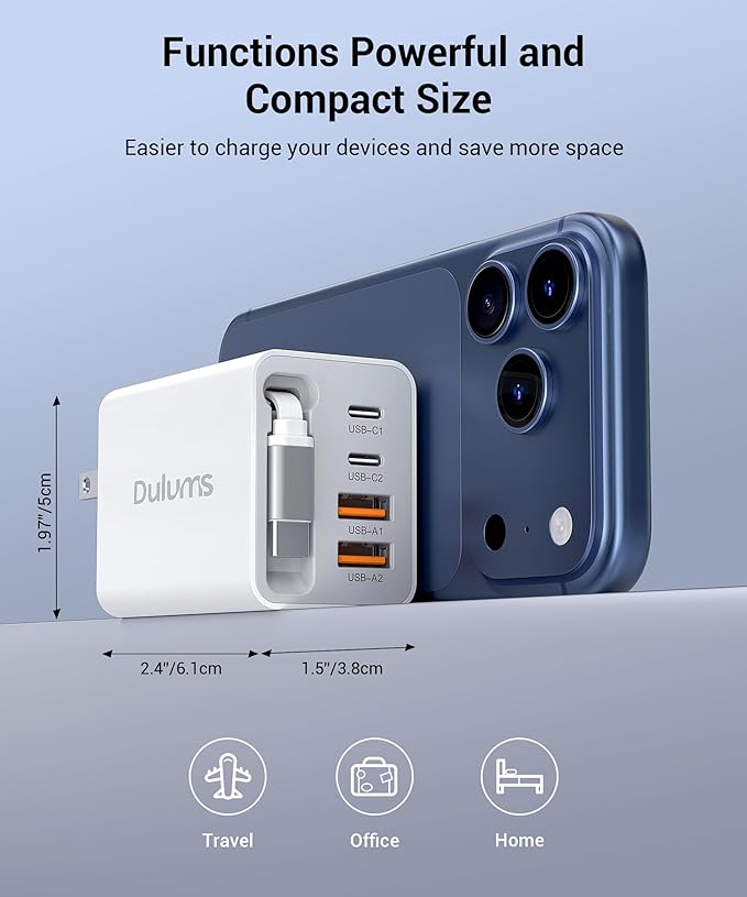 2026 Updated 40W Retractable Charger,4Port Travel Essentials Multiport,5-in-1 PD Wall Charger Block Plug+2.6ft Type C Cables, Fast Phone Charging Foldable Brick for iPhone 17/16/15 Pro Max,Galaxy