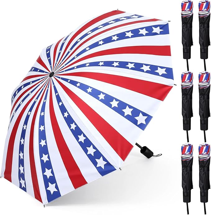 6 Pcs Patriotic American Umbrellas Red White Blue 4th of July Umbrellas with 8-Rib and Black Coating, Windproof