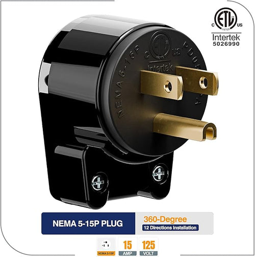 (5PACK) ETL Listed 90 Degree USA Canada Male Plug Nema 5-15P 3 Pole Angle DIY Plug, 15A 125V USA 3Pin Right Angle AC Plug