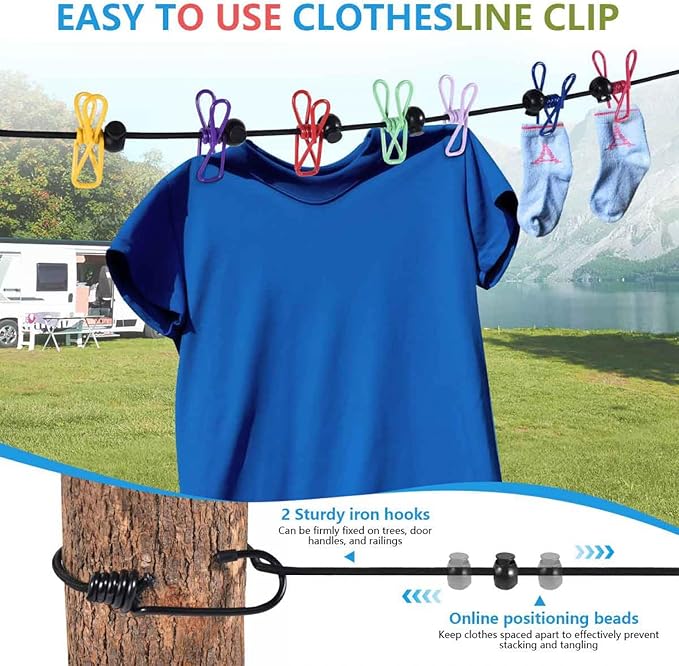 SenseYo Retractable Portable Clothesline for Travel with 22 Clothespins, Camping Clothes line for Indoor Outdoor Balcony Hotel Room Laundry Drying