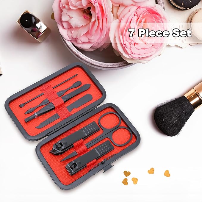 Manicure Set-Stainless Steel Nail Care Set-Professional 7 in 1 Ingrown Toenail Clipper Grooming Tool-Pedicure Kit & Toe Nail Cutter-Thick Nail Scissors Toiletries with Cuticle Trimmer (Black)
