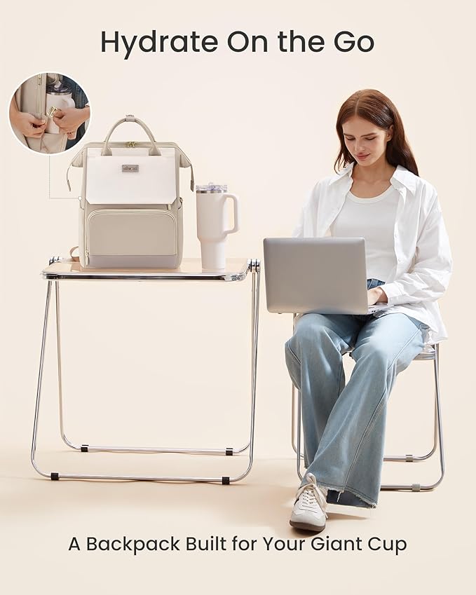 LOVEVOOK Laptop Backpack for Women with Giant Tumbler Holder Pocket, 15.6 inch Travel Work Backpack Purse for Nurse Teacher, Waterproof School Bag College Bookbag Cute Casual Daypack for Girls Khaki
