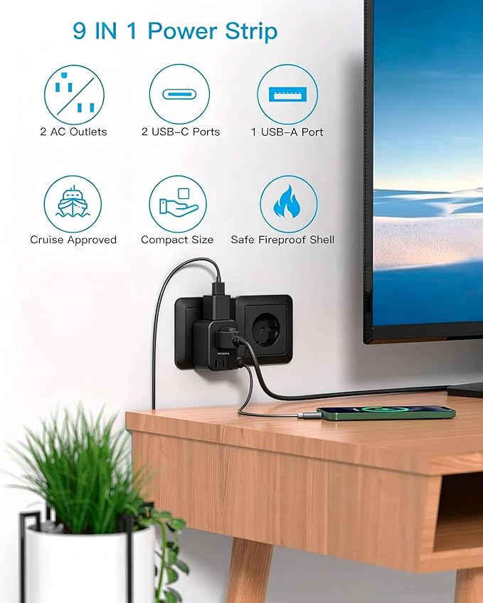Black European Travel Plug Adapter USB C, International Plug Adapter, US to Europe Adapter Plug 2 Outlets 3 USB Ports(2 C Port), Type C Power Adapter to Iceland Italy France Portugal Spain Germany