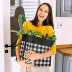 WISELIFE Reusable Grocery Shopping Bags 10 Pack Large Foldable Tote Bags Bulk, Long Handle for Shopping Groceries Clothes (Plaid A)