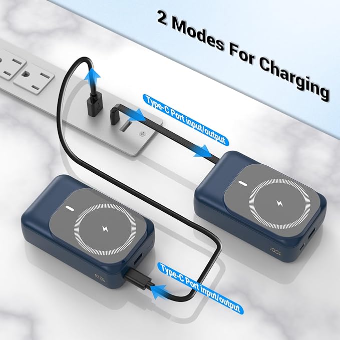 Magnetic Wireless Power Bank 26800mAh, PD 22.5W Type-C Fast Charging Portable Charger 5 Outputs, Battery Pack for Magsafe Built in 2 Cables with Stand LED Display for iPhone 17/16/15/14/13/12-Blue