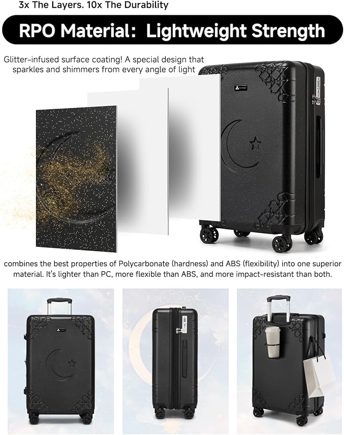 Somago Expandable Carry On luggage with Shock-Absorbing Braking Spinner Wheels Moon Star Design Hard Shell Suitcase with Cupholder TSA Lock (Black,Expandable 20 Inch)