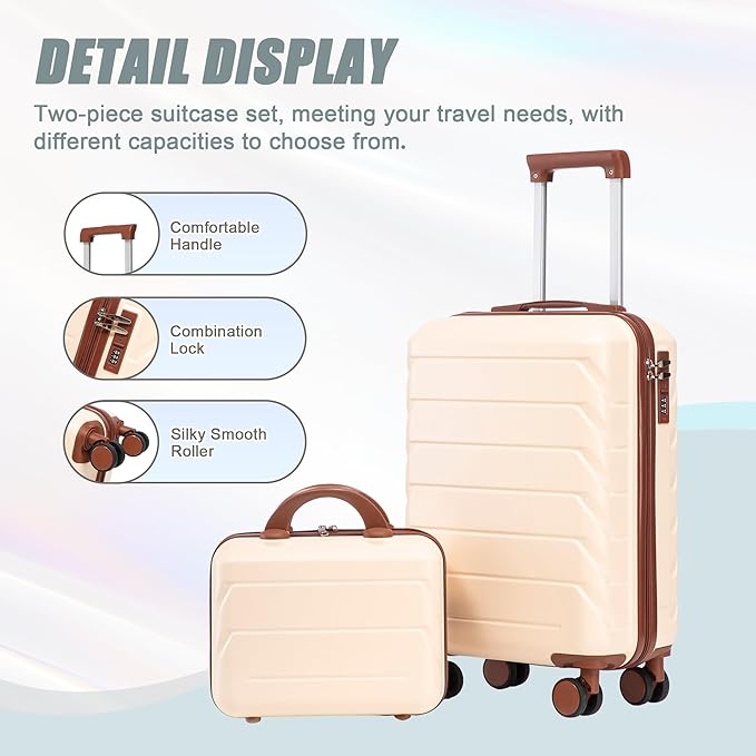 Kids Luggage Sets for Girls, 2 Piece Luggage Set, 20 Inch Rotating Wheel Suitcase with 14 Inch Cosmetic Case, Lightweight Hardshell Suitcase with 360° Spinner Wheels for Travel (Beige)