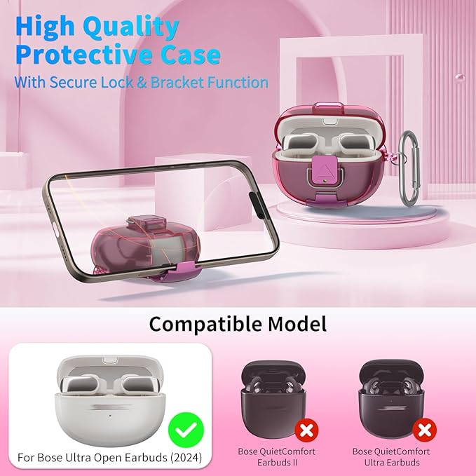for Bose Ultra Open Earbuds Case with Secure Lock & Phone Stand, Soft TPU Shockproof Protective Clear Case for Bose Open Ear Earbuds Accessories with Cleaning Pen & Keychain (Deep Rose)