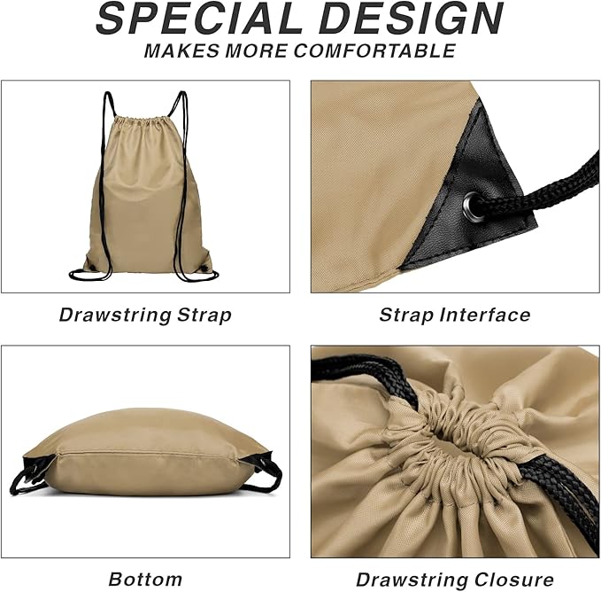 Drawstring Backpack Sports Water Resistant String Bag Sport Gym Sackpack for Women Men Large with Zipper, Khaki