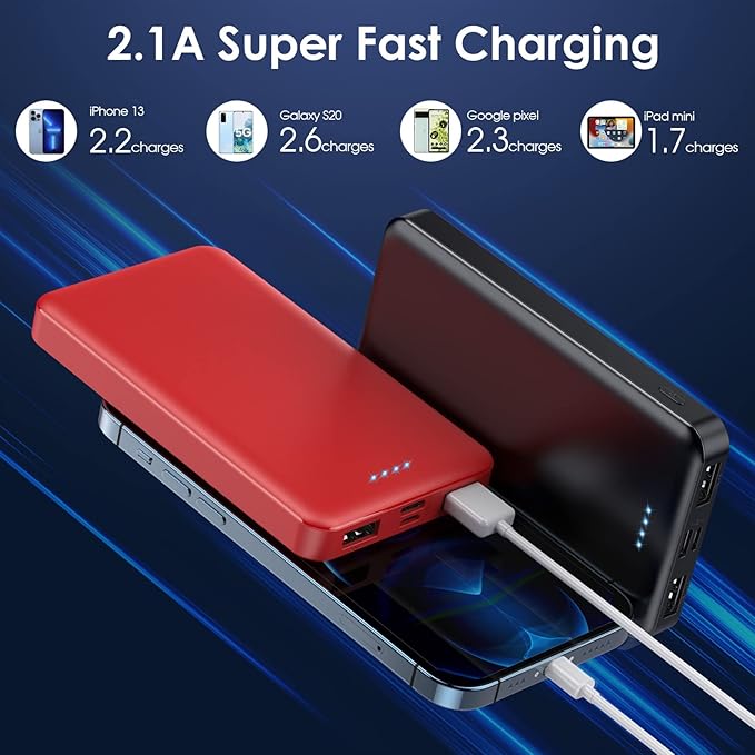 [2 Pack] Portable Charger Power Bank 10000mAh,Ultra Slim Compact External Battery Pack with USB C Input & Dual USB Outputs Backup Charger Compatible with iPhone 13,12, Samsung S20,Tablet-Black+Red