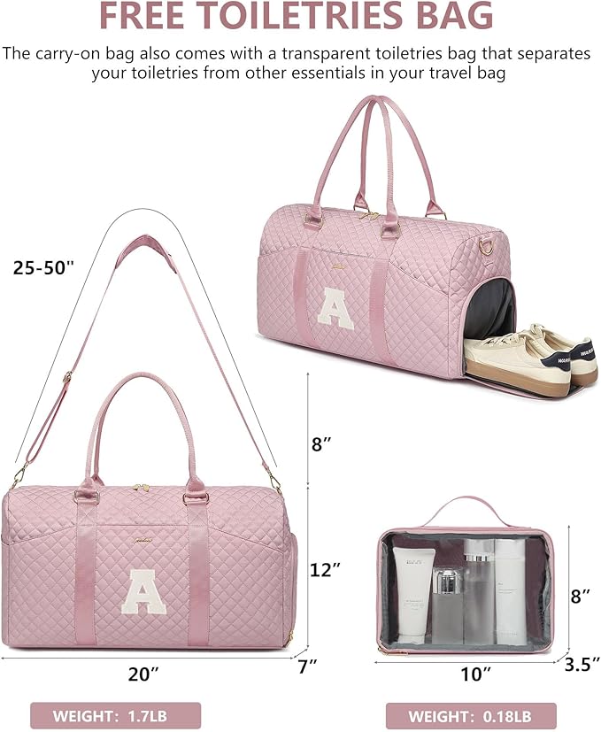 Women Weekender Travel Duffle Bag: Initial Duffel Overnight Bags with Shoe Compartment Large Carry on Tote with Toiletry Bag Weekend Traveling Yoga Gym Hospital Bag for Women with Wet Pocket Letter A