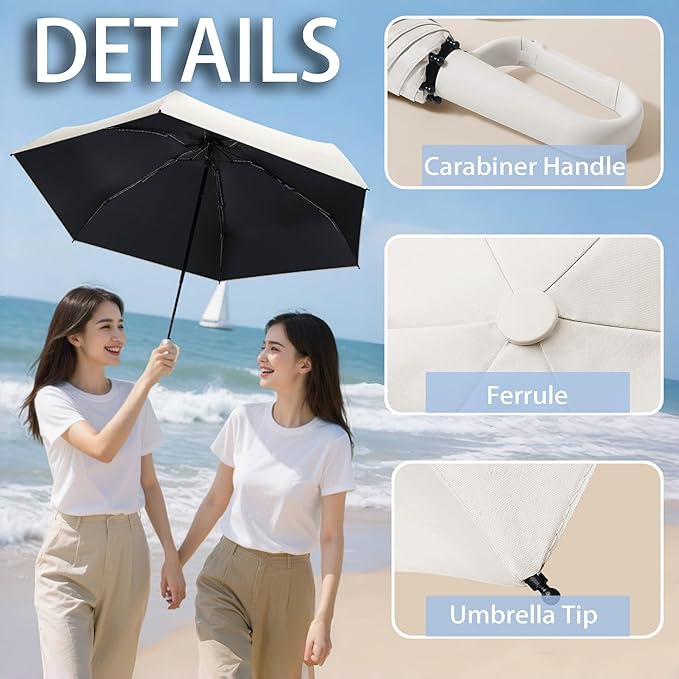 erised's bifrost Mini Travel Folding Umbrella with Carabiner Handle for Women Men Kids/Lightweight Portable Compact/Small Parasol/UV Protection/UPF50+/6Ribs/Sun Rain/Fits in Pocket Car Purse