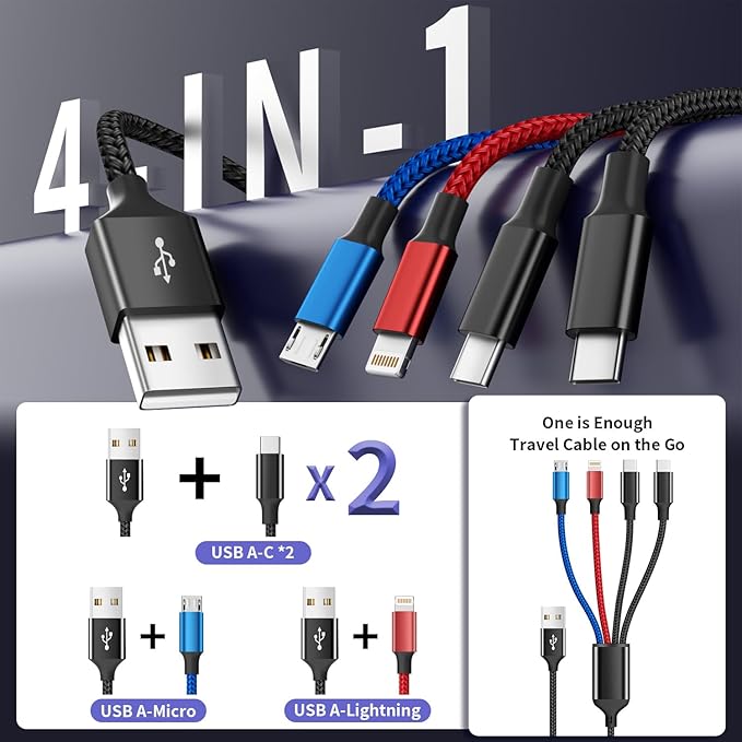2Packs 6FT Dual Type-C 4 in 1 Multi Charging Cable for Multiple Devices with 2 USB-C/IP/Micro Port, USB Cable iPhone Charger Cord, Travel Car Accessories for iPhone17-8, Galaxy 25 Android iPad, More