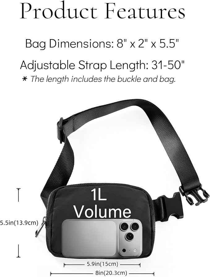 YOSHUYUKI Fanny Pack Crossbody Bag Trendy Waterproof Small Sling Cross Body Purse for Women Men Fashion Waist Packs Mini Belt Pouch Chest Bum Hip Bag Lulu Dupes for Travel Vacation Running Black