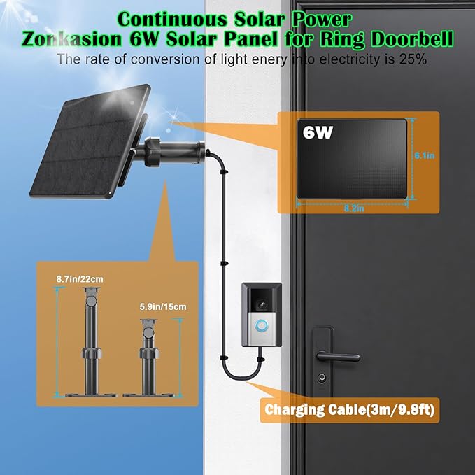 6W Solar Charger Compatible with Ring Video Doorbell (2020 Release), Micro USB Port Only, Not Compatible with the 2025 Type-C Interface doorbell