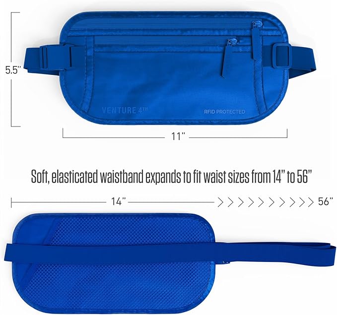 VENTURE 4TH Money Belt for Travel – Slim Hidden Under-Clothes RFID Blocking Anti-Theft Passport Holder & Travel Wallet Pouch for Men & Women to Protect Cash, Cards & Documents (Sleek Blue)