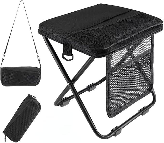 Portable foldable backpack stool, Camping Chair, with dual storage pockets and side pockets Compact adult-sized portable stool, ideal for camping, hiking, outdoor activities capacity 250 lbs (Black)