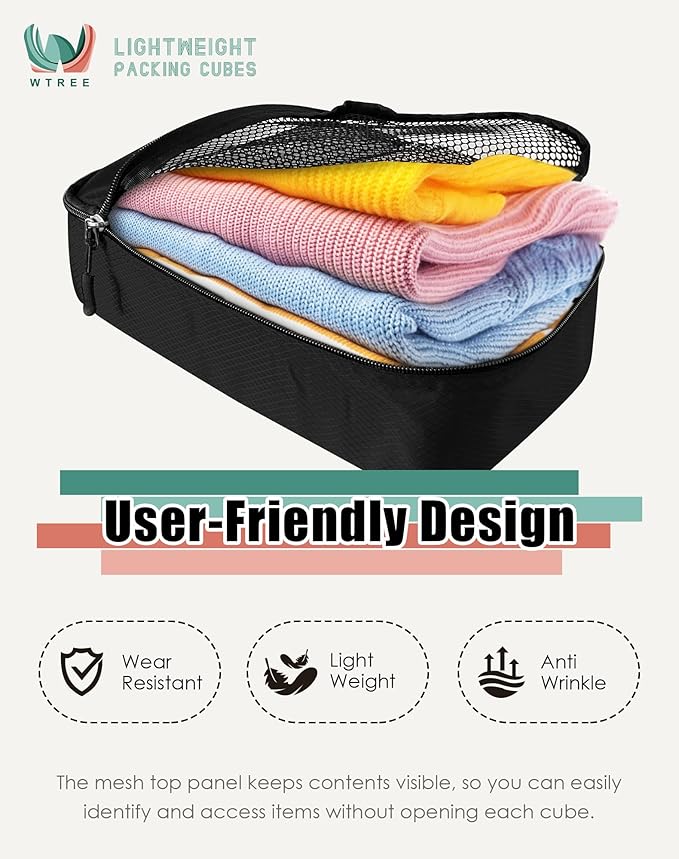 WTREE 4-Piece Packing Cubes Travel Accessories Set for Suitcases - Luggage Organizer Bags with Double Zipper - Mesh Top - Small/Medium/Large/Slim - Black