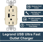 Legrand radiant R26USBAC6LA 15 Amp Tamper-Resistant Decorator Duplex Receptacle Outlet with Ultra Fast USB A/C 6.0A Charging Ports, Light Almond (1 Count)