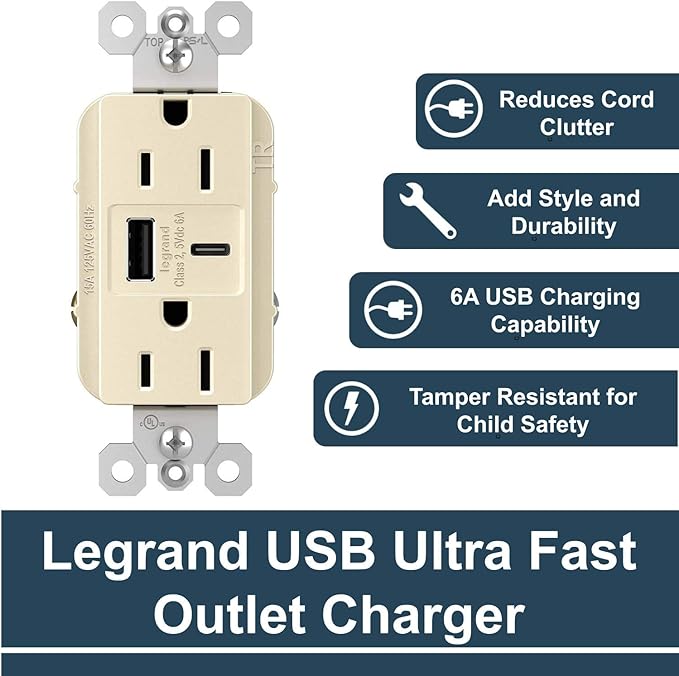 Legrand radiant R26USBAC6LA 15 Amp Tamper-Resistant Decorator Duplex Receptacle Outlet with Ultra Fast USB A/C 6.0A Charging Ports, Light Almond (1 Count)