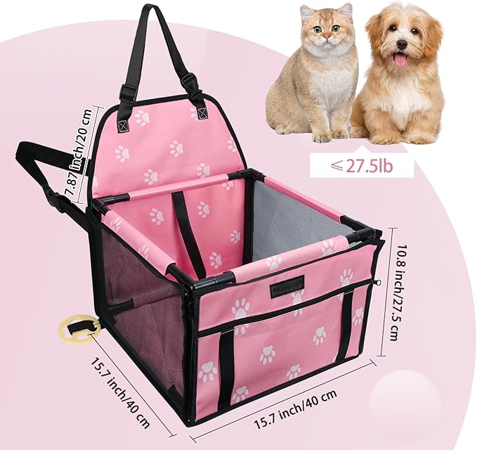Dog Car Seat Foldable Dog Car Booster Seat Waterproof Breathable Oxford Travel Bag for Small to Medium Dogs, Puppies, and Pets-Footprint Pink-Upgrade