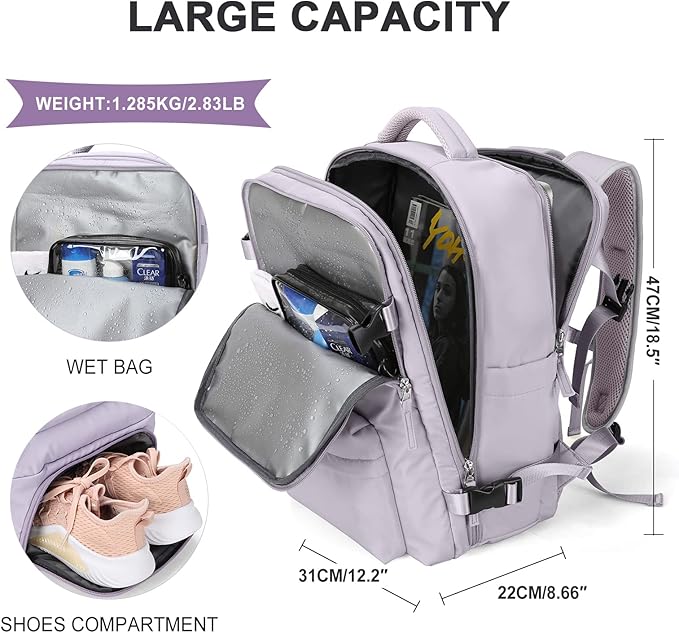 WONHOX Large Travel Backpack Women, Carry On Backpack,Hiking Backpack Waterproof Outdoor Sports Rucksack Casual Daypack with USB Charging Port Shoes Compartment, Purple