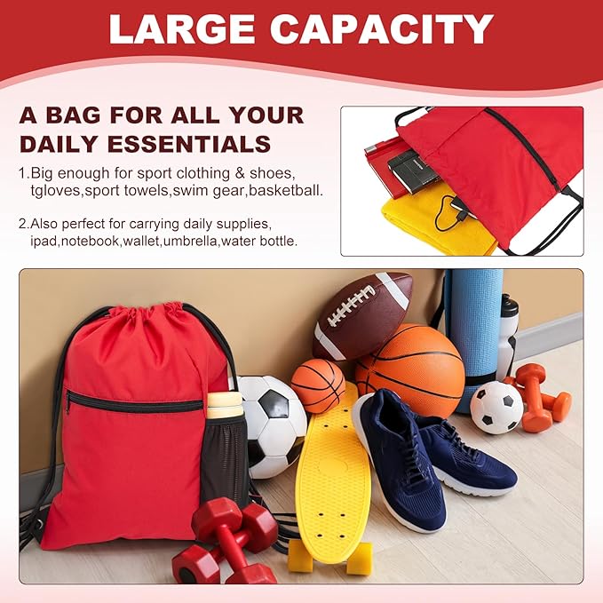 HOLYLUCK Men & Women Outdoor Sport Gym Sack Waterproof Drawstring Backpack Bag (Standard with drawstring, Red)