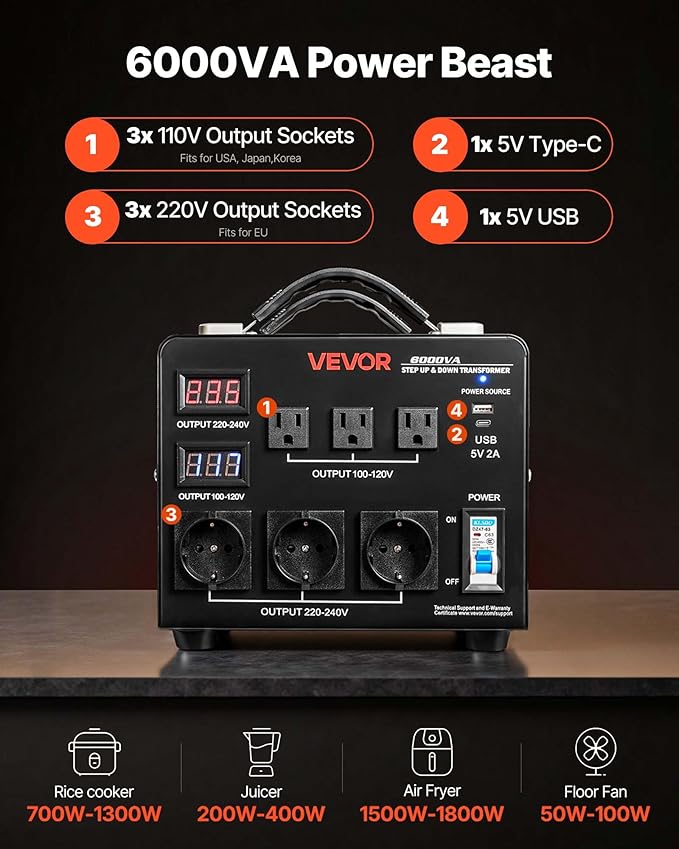 VEVOR Voltage Auto Converter Transformer, 6000VA, Heavy Duty Step Up/Down Power Transformer, 110V to 220V and 220V to 110V, with 3 US Outlets, 3 EU Outlets, LCD Display, Circuit Breaker Protection