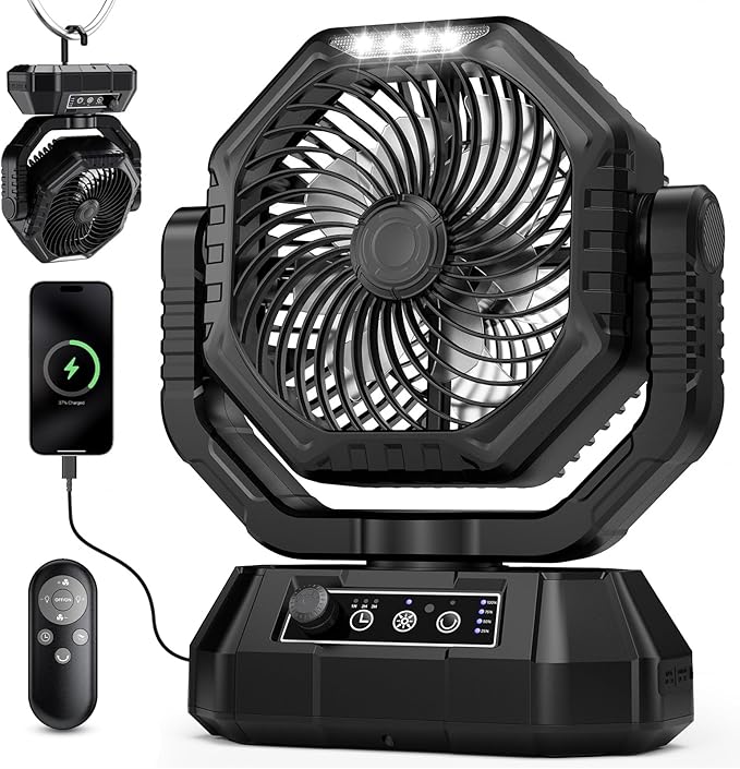 AJVV Camping Fan with Light, Remote and Oscillation, Battery Powered Hanging Tent Fan, Rechargeable Portable for Camp, Outdoor, Emergencies, Fishing, RV Travel, Jobsite