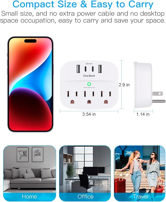 One Beat 2 Pack Multi Plug Outlet Splitter with USB,Surge Protector Outlet Extender with 3 Wall Outlets 4 USB Wall Charger(2 USB C),490 J, ETL Listed,Small Outlet Adapter Plug Extender for Travel,WH