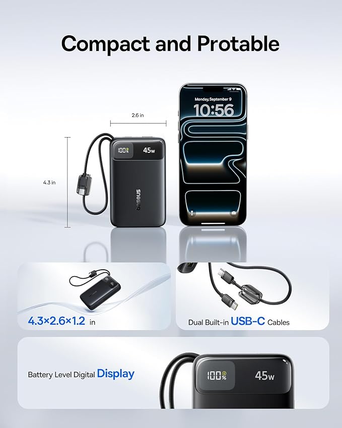 Baseus Picogo 0.5" Ultra Slim 10000mAh 27W Fast Charging Magnetic Battery Pack Bundle with 20000mAh Compact Portable Charger 45W, CCC Certified Power Bank Built-in USB-C Cables
