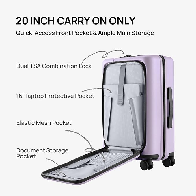 NINETYGO Carry On Luggage 22x14x9 Airline Approved, 20 Inch Suitcase with Front Compartment, Lightweight PC Hard Shell, Cup Holder, Clamshell, TSA Lock, Spinner Wheels (Lavender Taro Milk)
