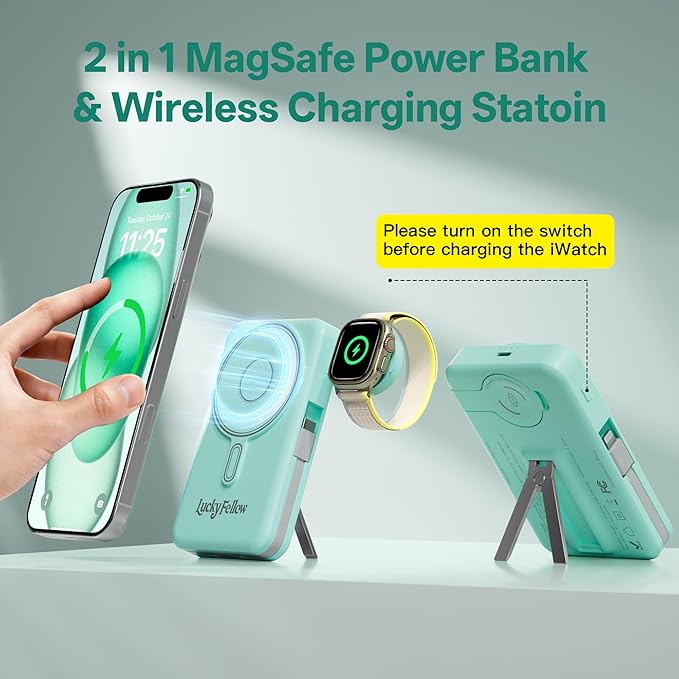 Magnetic Portable Charger Built-in Cables,10000mAh Fast Charging Wireless Charger Station External Battery Pack Slim Pocket Size Power Bank with Stand Compatible with iWatch, iPhone