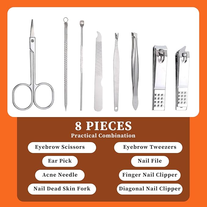 12 Sets Manicure Set Bulk Nail Clippers Pedicure Kit for Men, Nail Grooming Pedicure Kit with Case Travel 8 in 1 Stainless Steel Professional Nail Care Tools Set