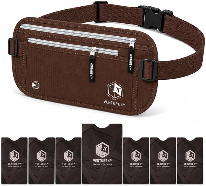 VENTURE 4TH RFID Money Belt for Travel with RFID Blocking Sleeves – Slim Hidden Travel Wallet & Passport Holder for Men & Women, Lightweight Anti-Theft Pouch to Protect Cash, Cards & Documents - Brown