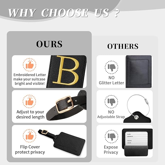 Personalized Initial Luggage Tags for Suitcase TSA Approved, Black Leather Cute Luggage Tag with Privacy Cover Name Card, Embroidered Custom Luggage Tags Travel Backpack Tags Gifts for Women Kids(B)