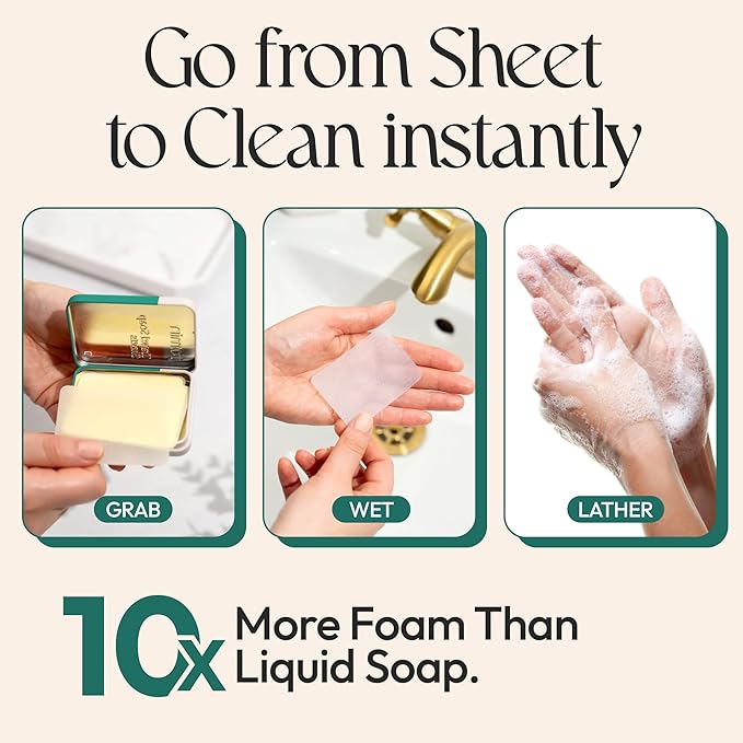 FOMIN - Antibacterial Paper Soap Sheets Tin for Traveling - 3 Pack Tea Tree - Portable Travel Hand Soap Sheet, Dissolvable Mini Camping Hand Soap for Hand Washing