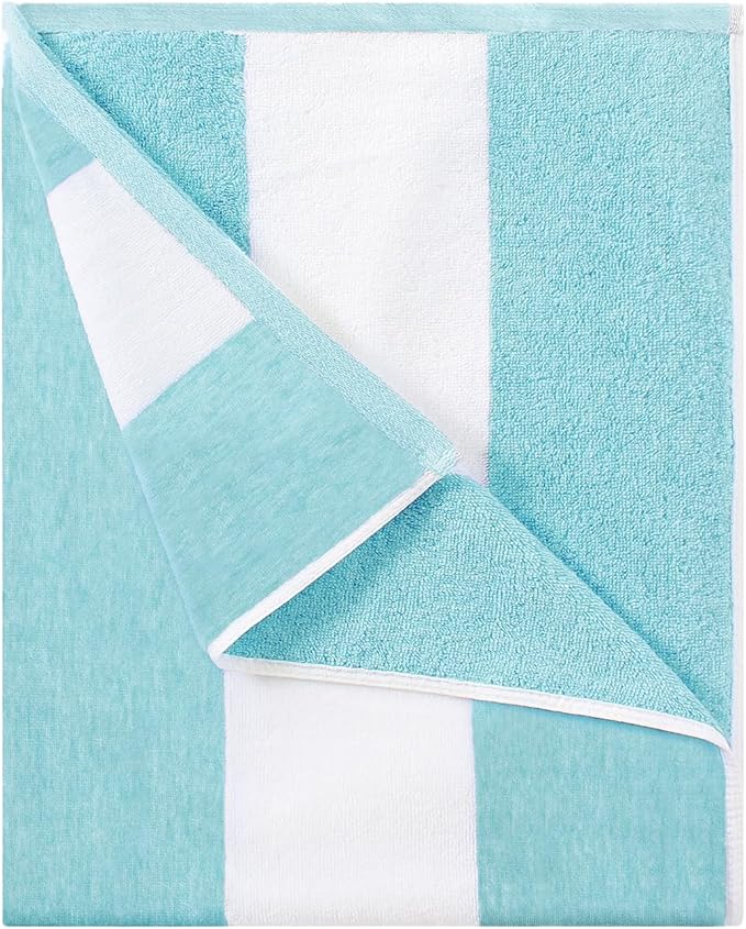HENBAY Cotton Oversized Beach Towel - Large 70 x 35 Inch Pool Towel, Turquoise Striped Quick Dry Swimming Cabana Towel