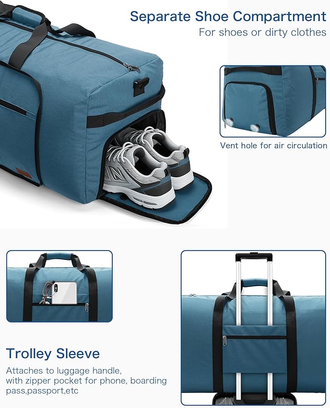 80L EXTRA LARGE Duffle Bag for Travel, 26" Foldable Travel Duffel Bag with Shoe Compartment for Men Women, Waterproof & Tear Resistant (Light Blue, EXTRA LARGE, 80L)