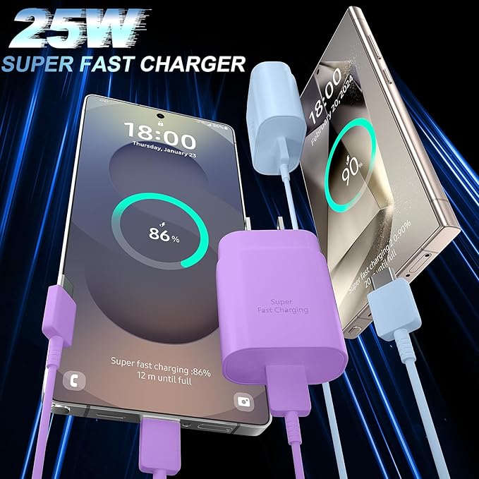 USB C Android Charger Fast Charging Cord, Super Fast Phone Chargers 6.6FT C to C Type Cable with 25W USBC Wall Block for Samsung Galaxy S26 S25 S24 Ultra Plus/S23/S22/S21/S20/Note 20/10, Purple+Blue