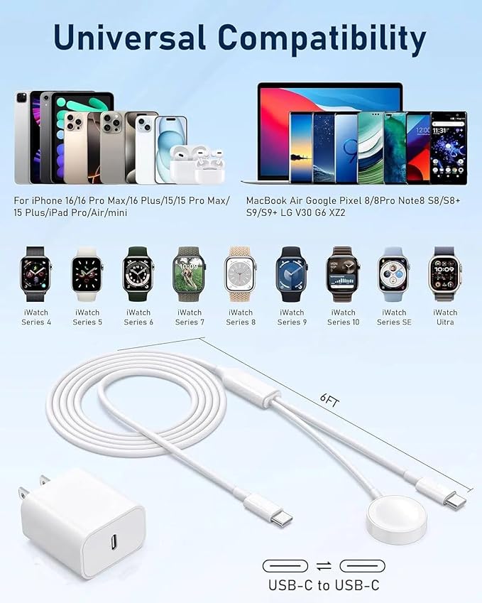2 in 1 Apple Watch Charger,6ft Fast Magnetic iWatch Charger/USBC to USB C Charging Cable Cord and Type C Wall Charging Block for iWatch Series 10/9/Ultra/8/7/SE/6/5/4/3/2/iPhone 17 Pro Max/16 Pro/15