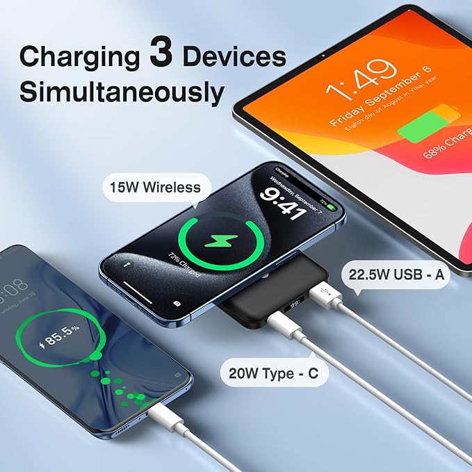 AOGUERBE for MagSafe Portable Charger, 10000mAh Magnetic Power Bank 22.5W Fast Charging, Mini Battery Pack Wireless with LED Display&Foldable Stand for iPhone 17/16/15/14/13/12 Series (Obsidian Black)