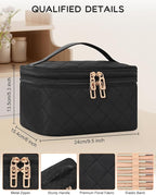 Relavel Travel Makeup Bag, Large Cosmetic Bag with Separate Makeup Brush Compartment, Cute Make Up Pouch for Women, Double Layer Toiletry Organizer Bag for Travel - Black