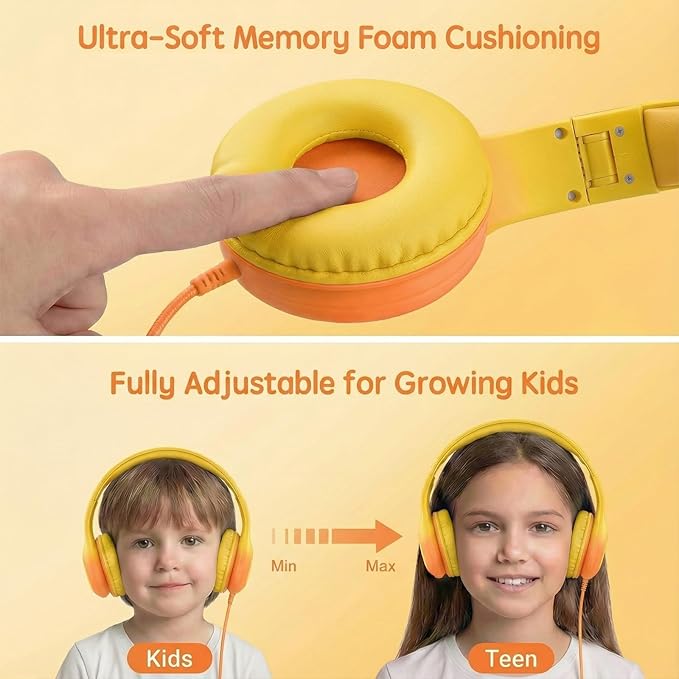 ADOOPE Wired Kids Headphones with USB C Plug, 85dB Safe Volume, Adjustable Headband, Tangle-Free Cord Headphones for School, Tablet, Travel (Yellow & Orange, Without Microphone)