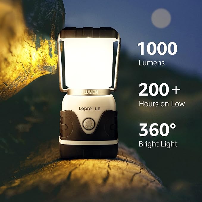 Lepro 1000LM Battery Powered LED Camping Lantern, White Tent Light with 4 Light Modes, Camping Essentials, Waterproof Lantern Flashlight for Camping, Emergency Light, Power Outage, Not Rechargeable
