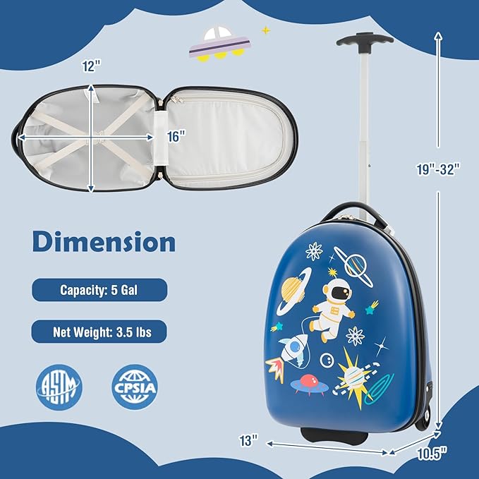 Goplus Kids Luggage, 16’’ Carry On Suitcase with Wheels, Waterproof Hard Shell, Lightweight Rolling Luggage for Travel, Birthday Gifts for Toddlers, Children, Boys, Girls (Blue-Astronaut)