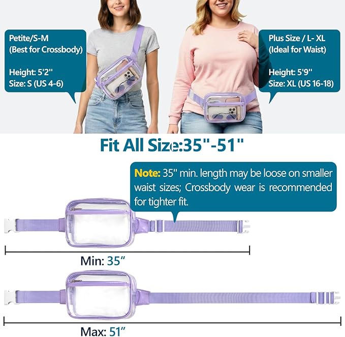 Veckle Clear Fanny Pack Stadium Approved - Plus Size 35-51 Inch Adjustable Strap Transparent Belt Bag for Women Men Fits 7.5" Smartphone, Crossbody Clear Bag for Stadium Events Sports Concerts, Purple