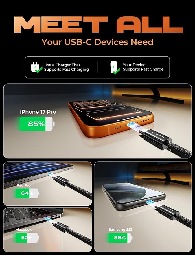 LISEN USB C to USB C Cable, 5-Pack [3.3/3.3/6.6/6.6/10FT] for iPhone 17 Charger Cord, 60W C to C Cable Fast Charging for iPad, iPhone 16 15 Pro Max, Galaxy S25/S24 USBC to USBC Cable Gifts for Men